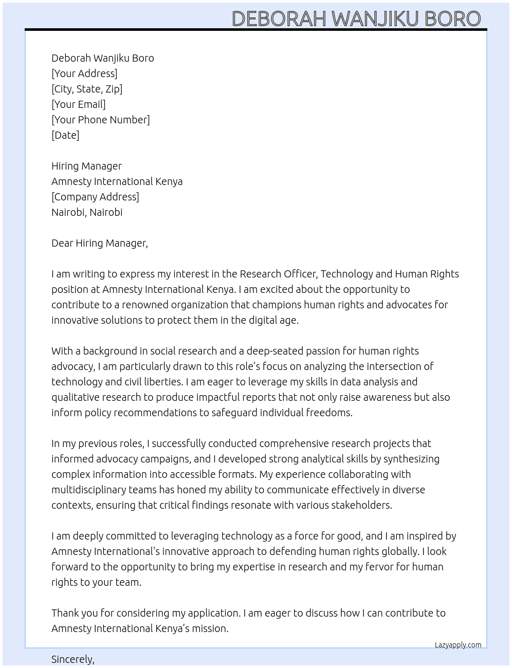 Research Officer Technology and Human Rights. - Nairobi, Nairobi (Hybrid) At AMNESTY INTERNATIONAL KENYA Cover Letter
