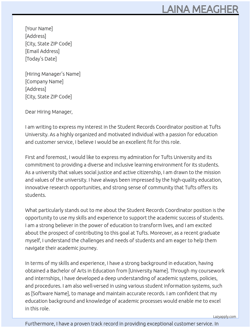 Student Records Coordinator At Tufts Univeristy Cover Letter
