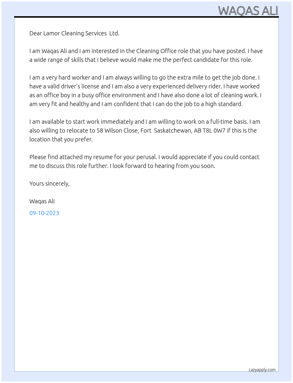 Cleaning Office  At Lamor Cleaning Services  Ltd. Cover Letter