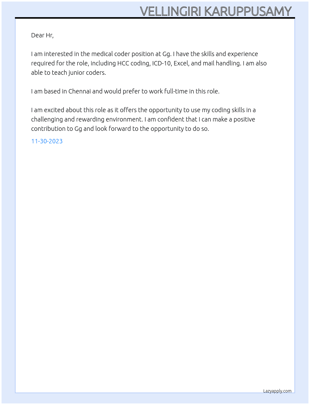 Medical coder At Gg Cover Letter