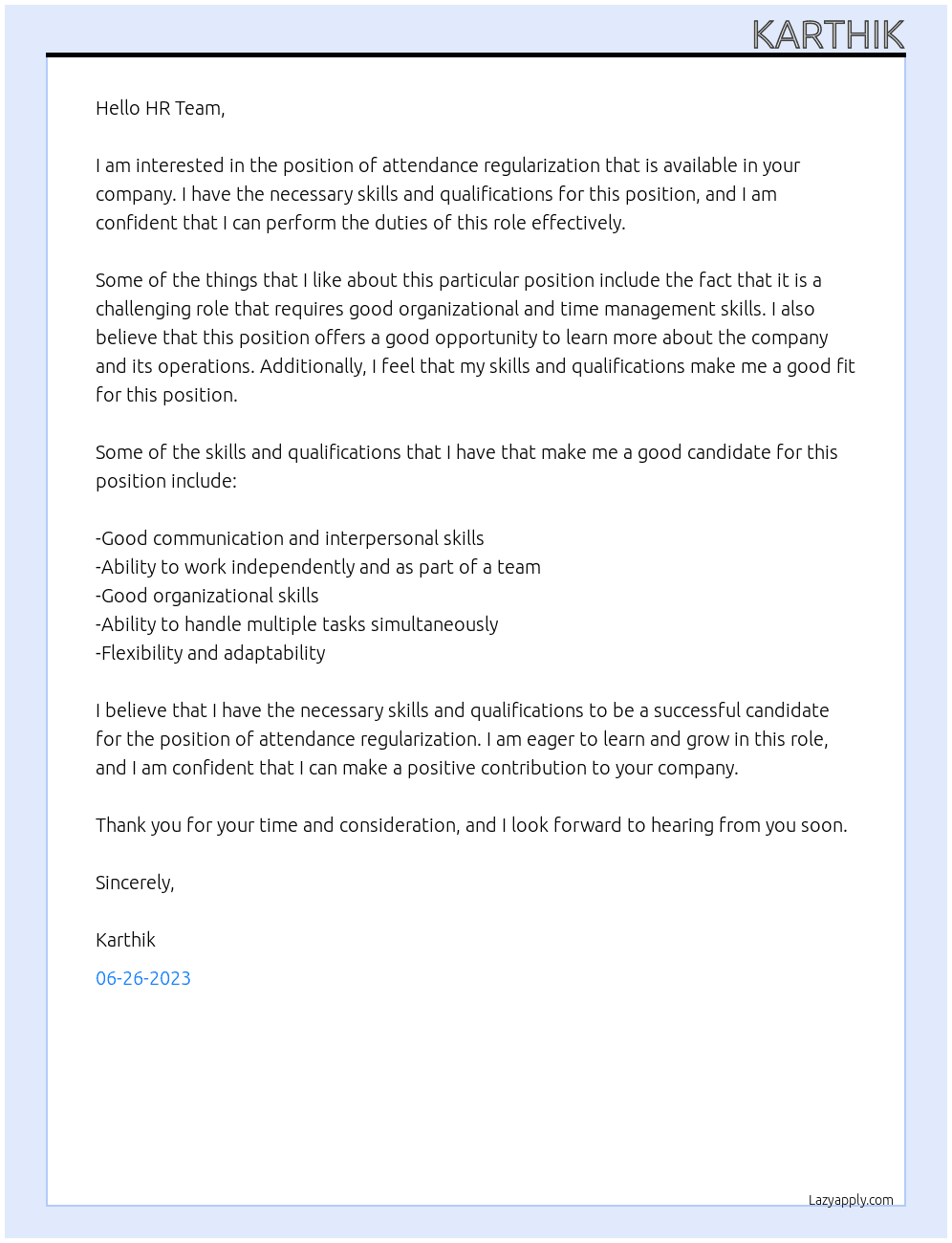 attendance regularization At hr team Cover Letter