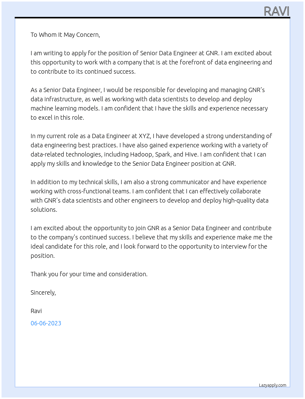 Senior Data Engineer At GNR Cover Letter