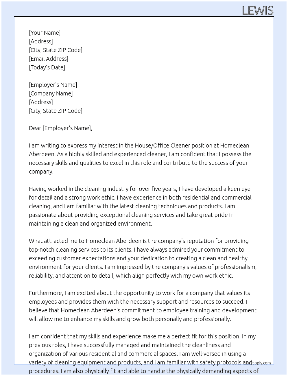 House/office cleaner At Homeclean Aberdeen Cover Letter