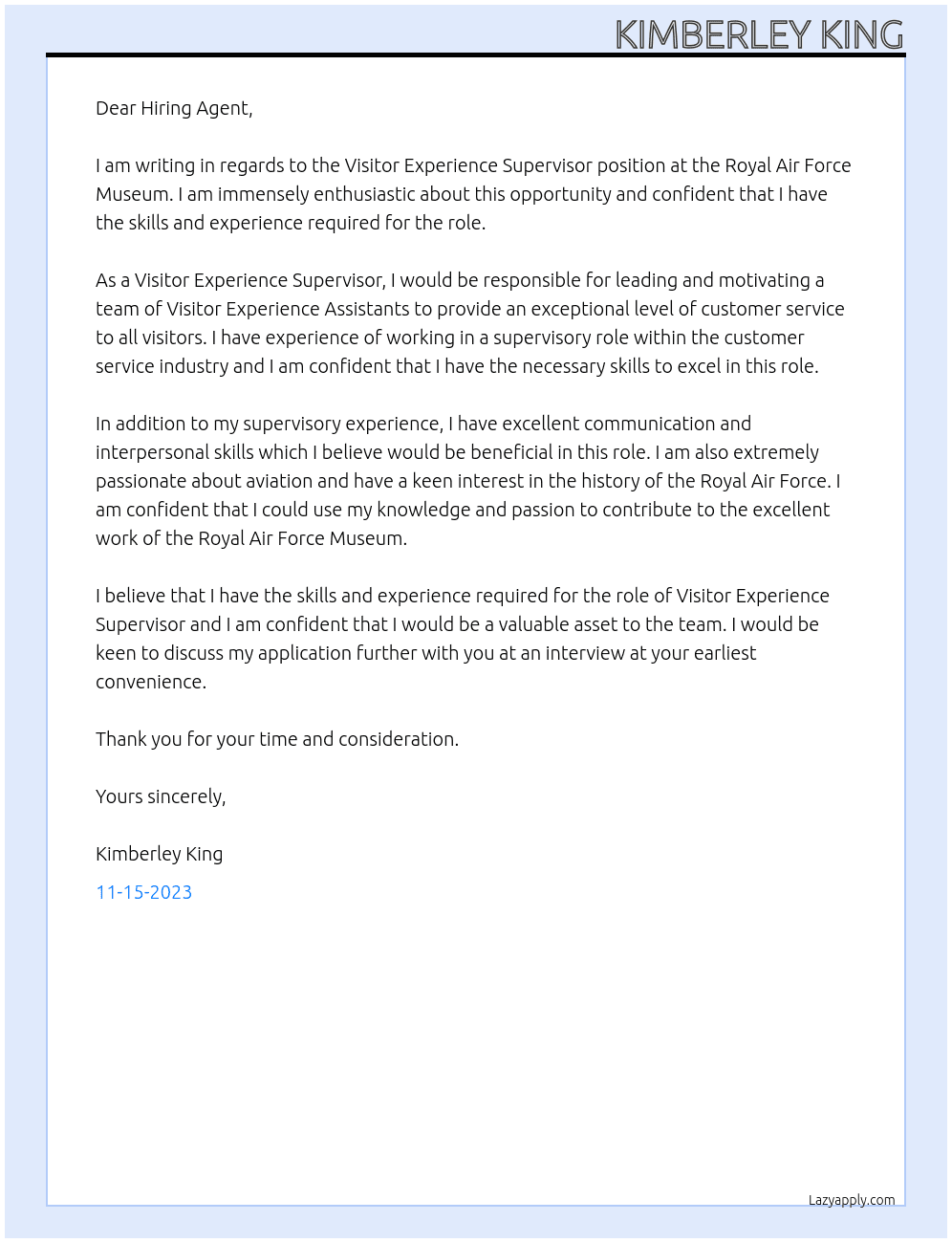 Visitor Experience Supervisor At Royal Air Force Museum Cover Letter