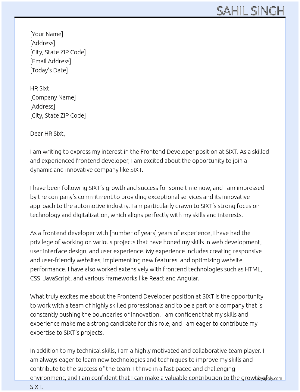 frontend devloper At SIXT Cover Letter