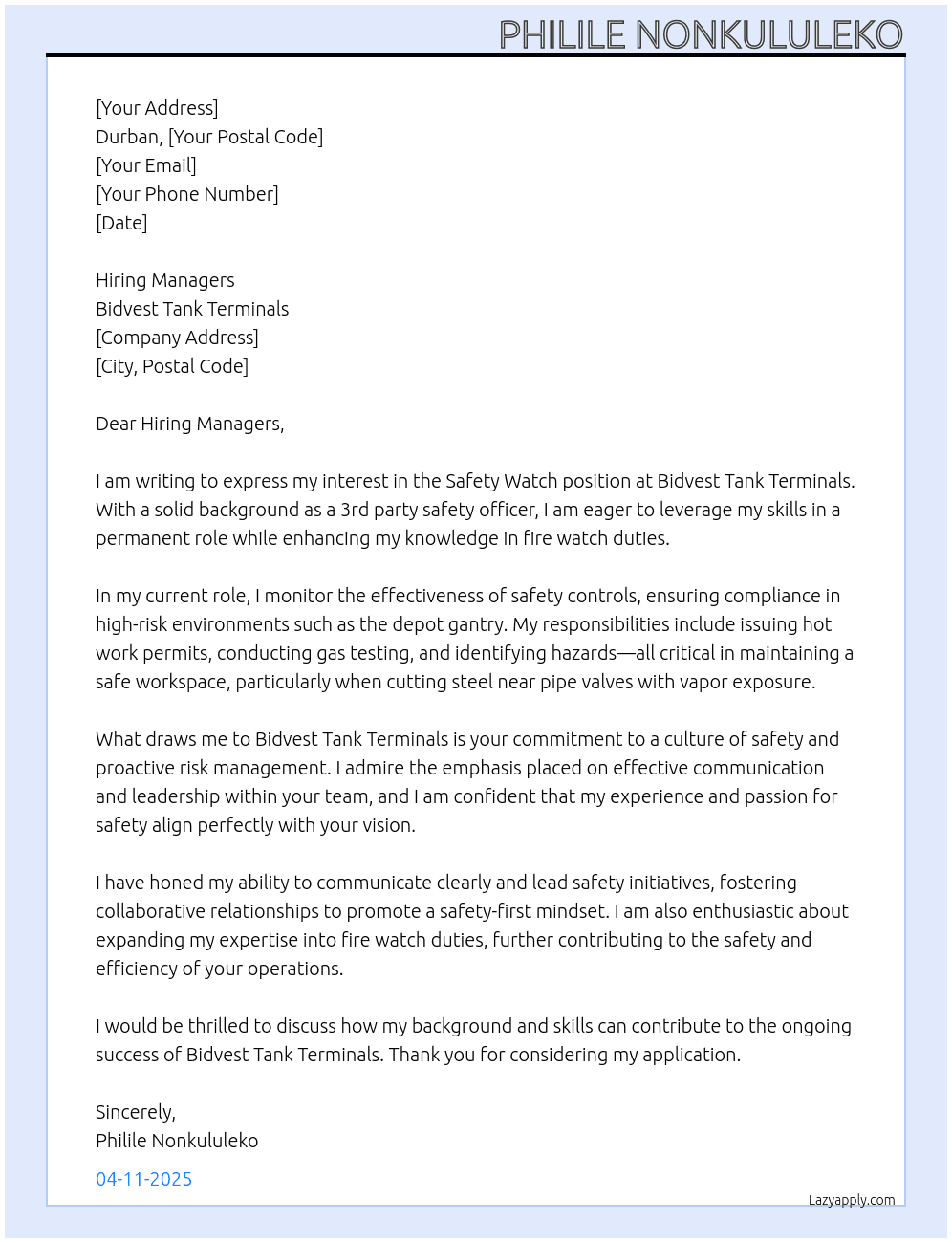 Cover letter for safety watch - LazyApply