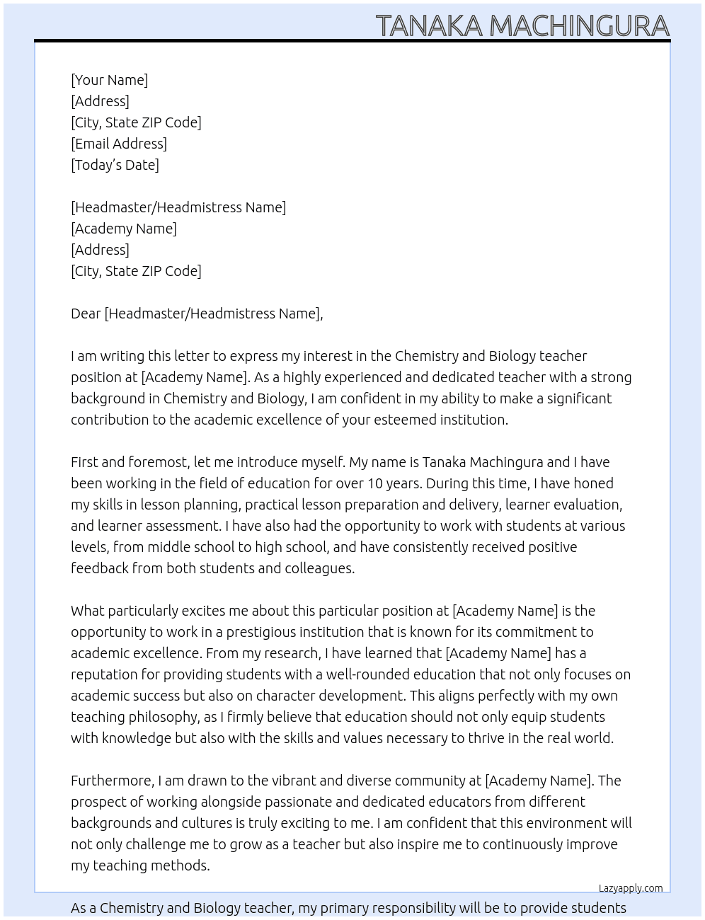 Chemistry and Biology teacher  At Academy  Cover Letter