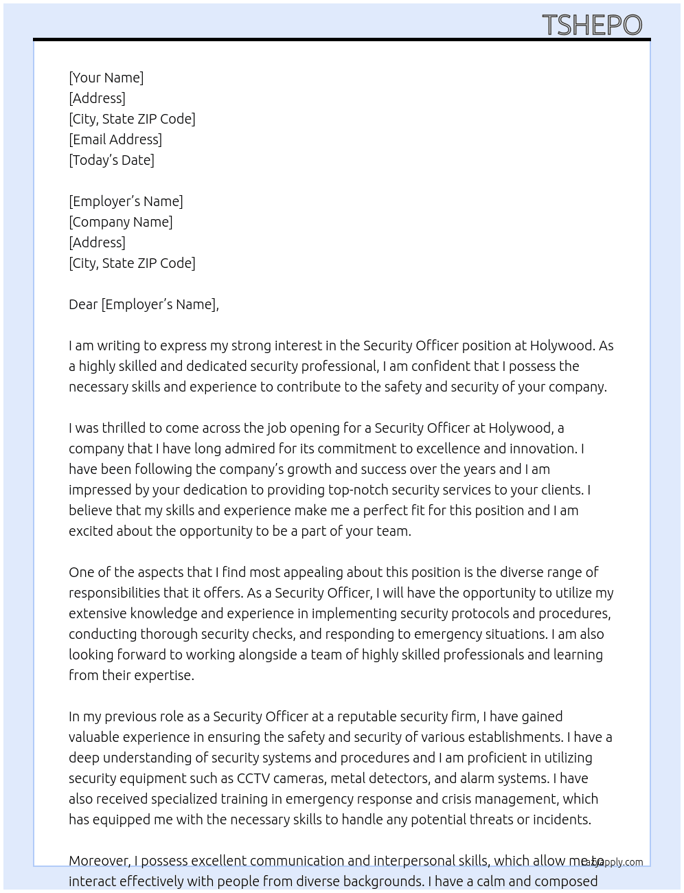 Security officer At Holywood Cover Letter