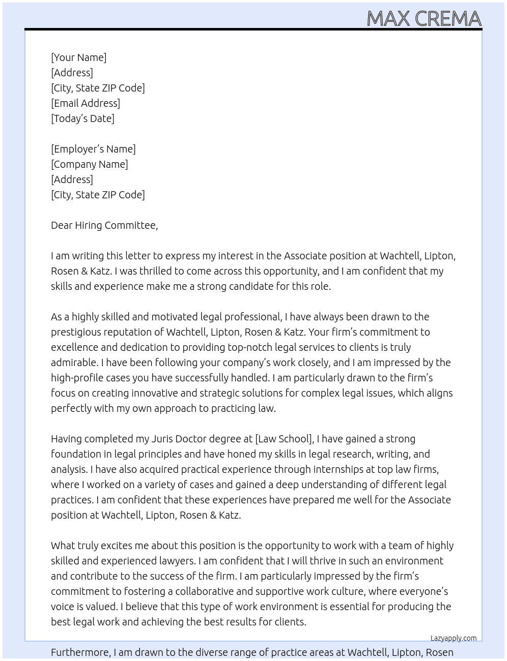 Associate At Wachtell, Lipton, Rosen & Katz Cover Letter