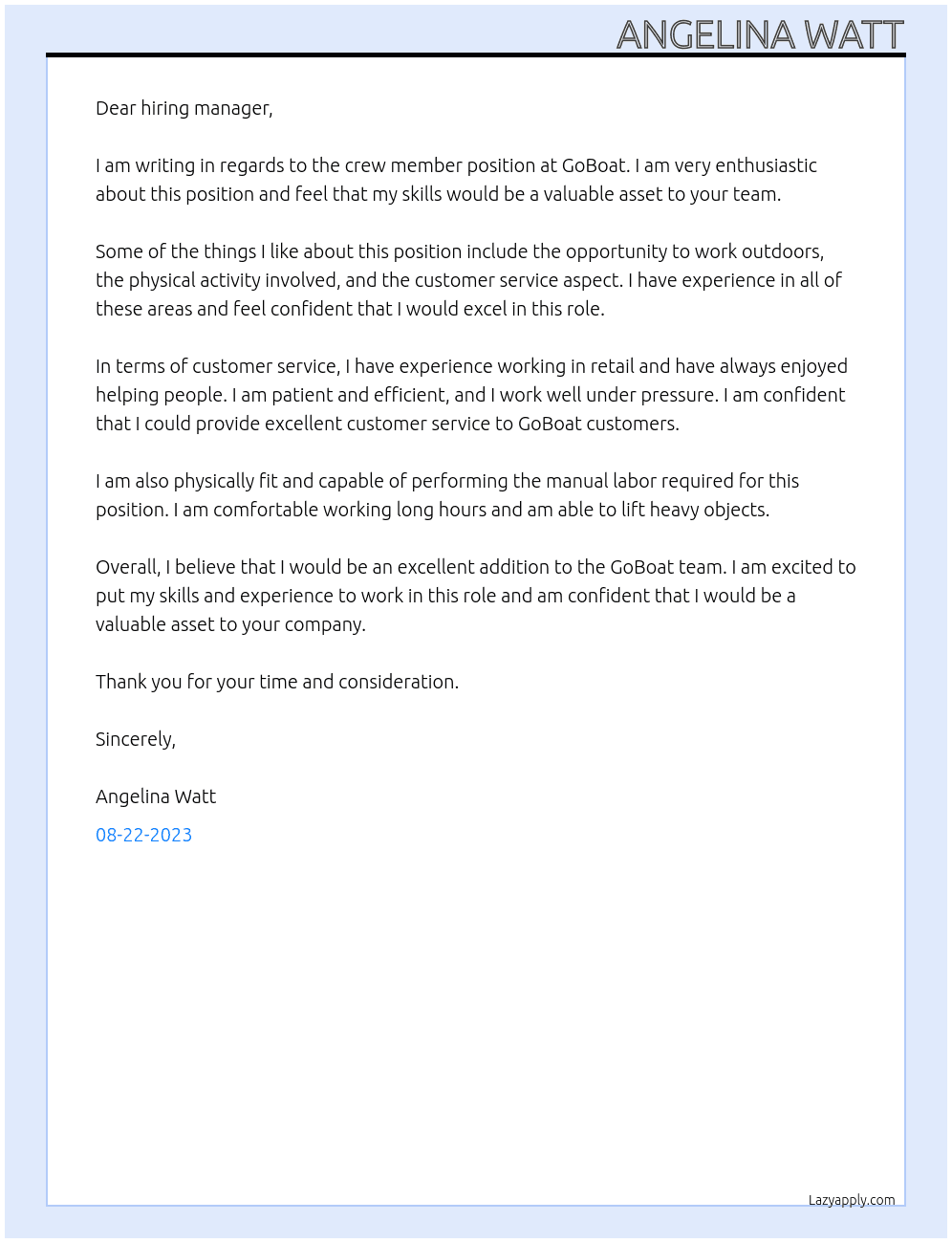 crew member At goboat Cover Letter