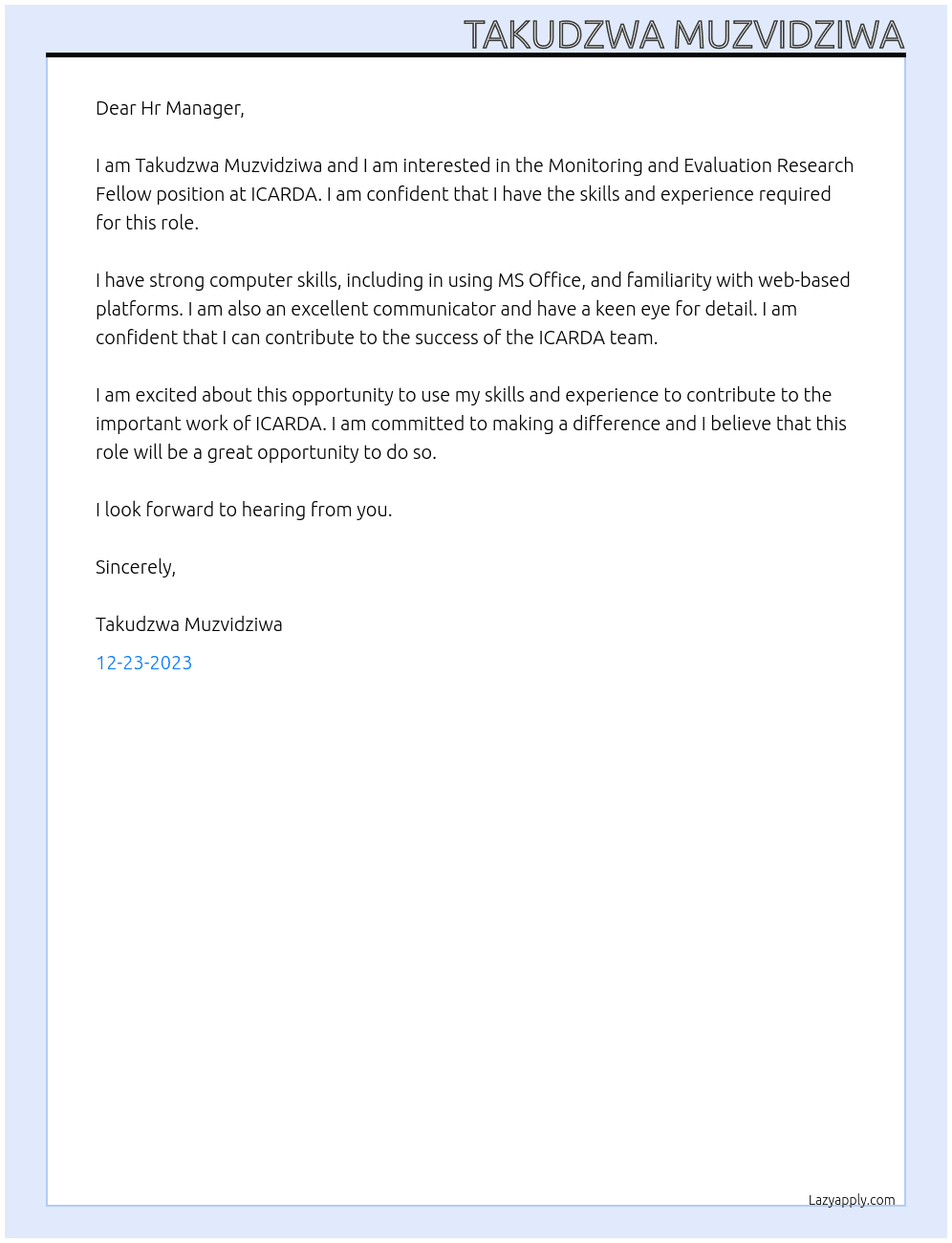 Monitoring and Evaluation Reseach Fellow At ICARDA Cover Letter