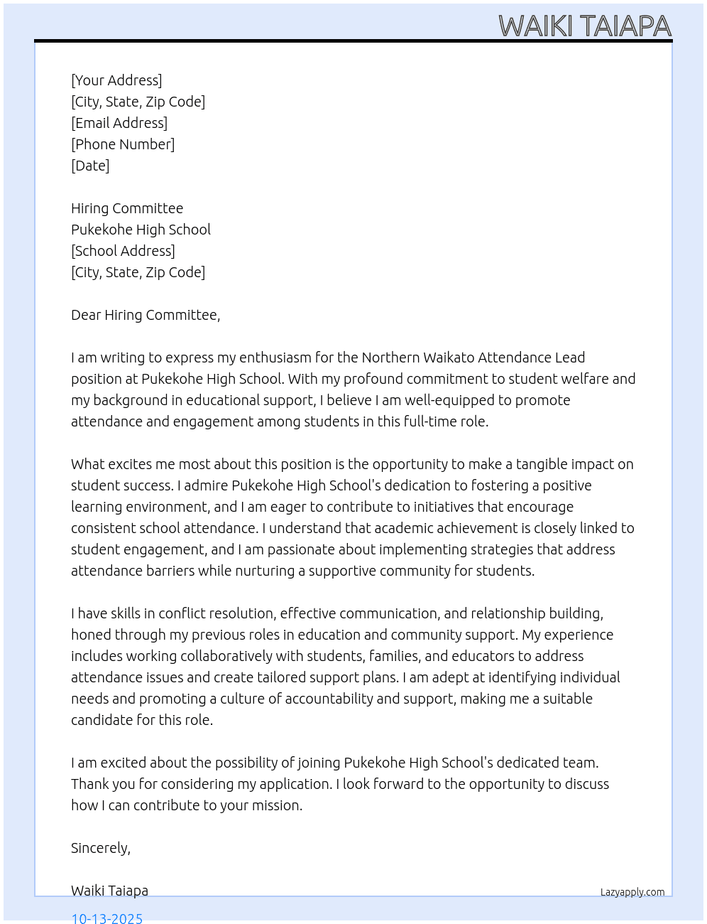 Northern Waikato Attendance Lead At Pukekohe High School  Cover Letter
