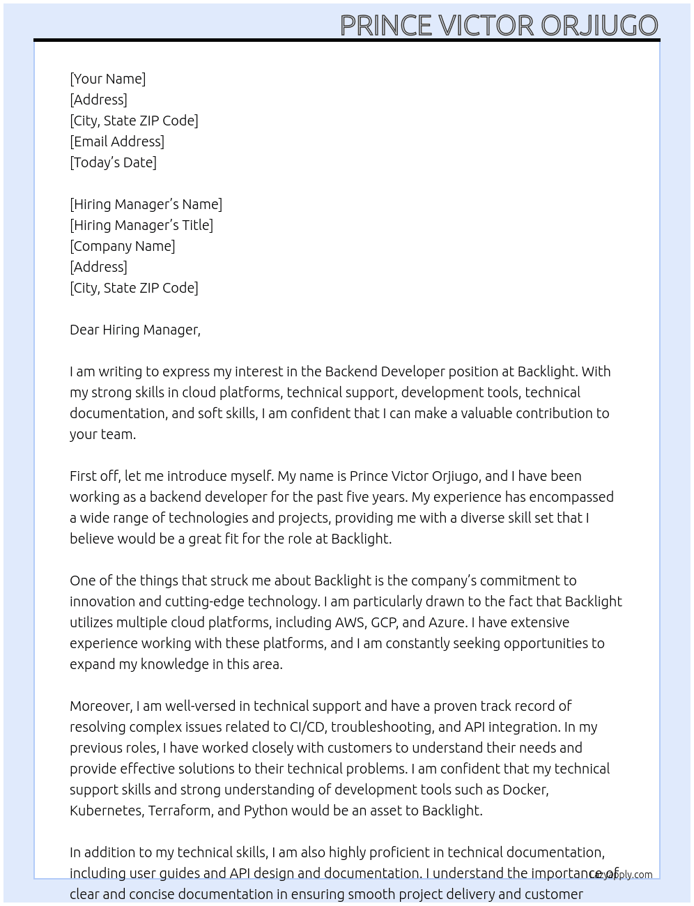 Backend developer At Backlight Cover Letter