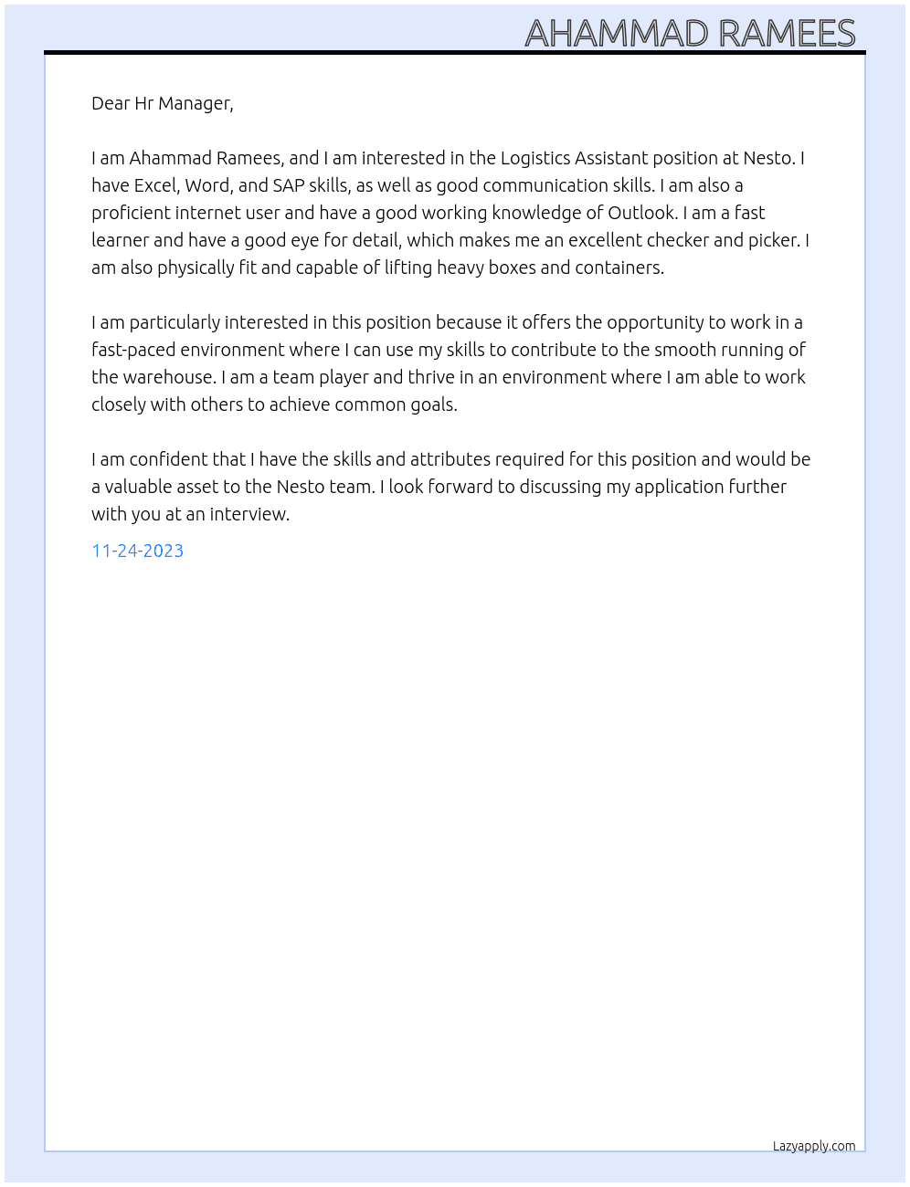 Logistics Assistant  At Nesto  Cover Letter