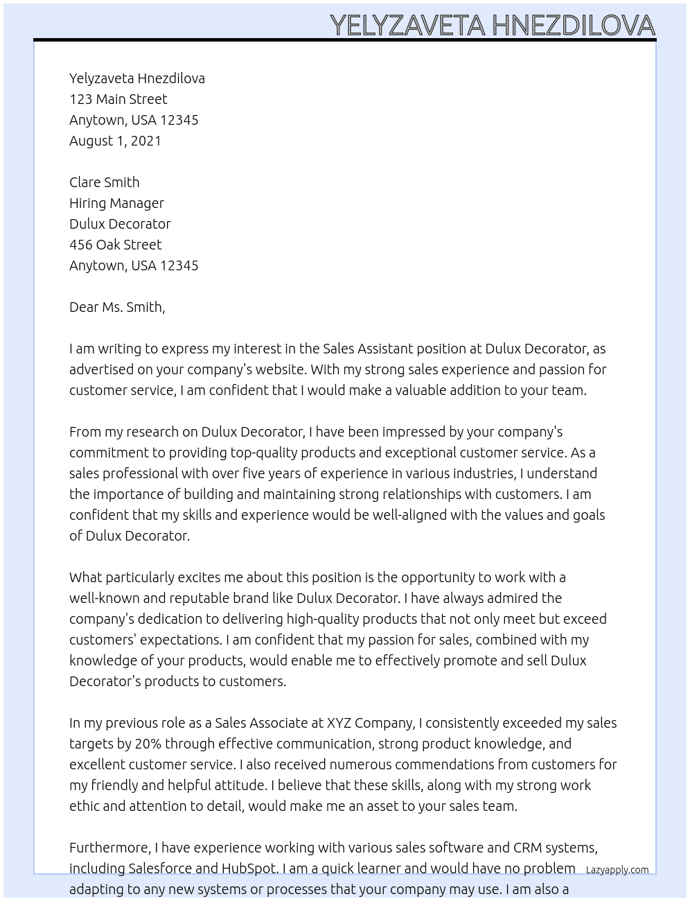 Sales Assistant  At Dulux Decorator Cover Letter