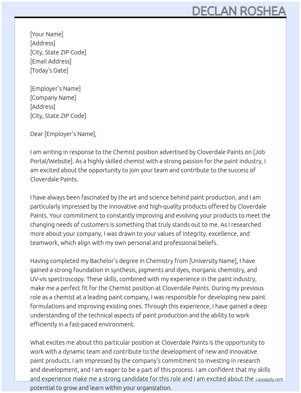 Chemist At Cloverdale Paints Cover Letter