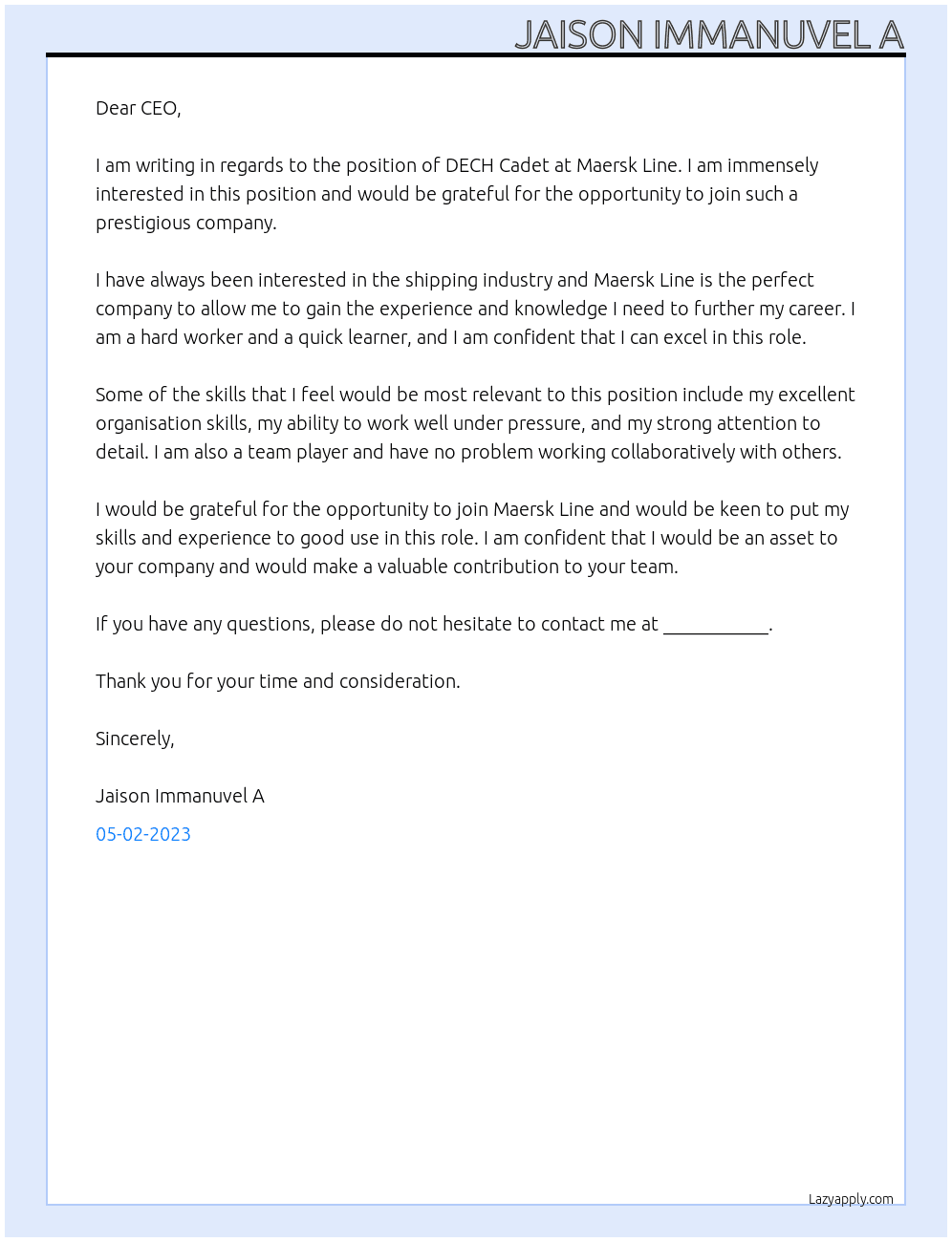 DECH CADET  At MAERSK LINE Cover Letter