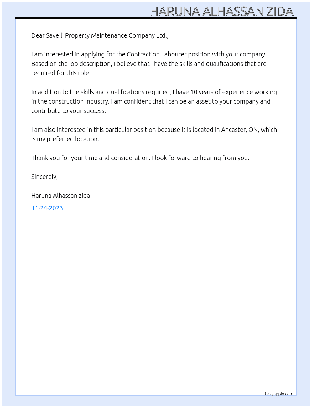 Contraction Labourer At Savelli Property Maintenance Cover Letter