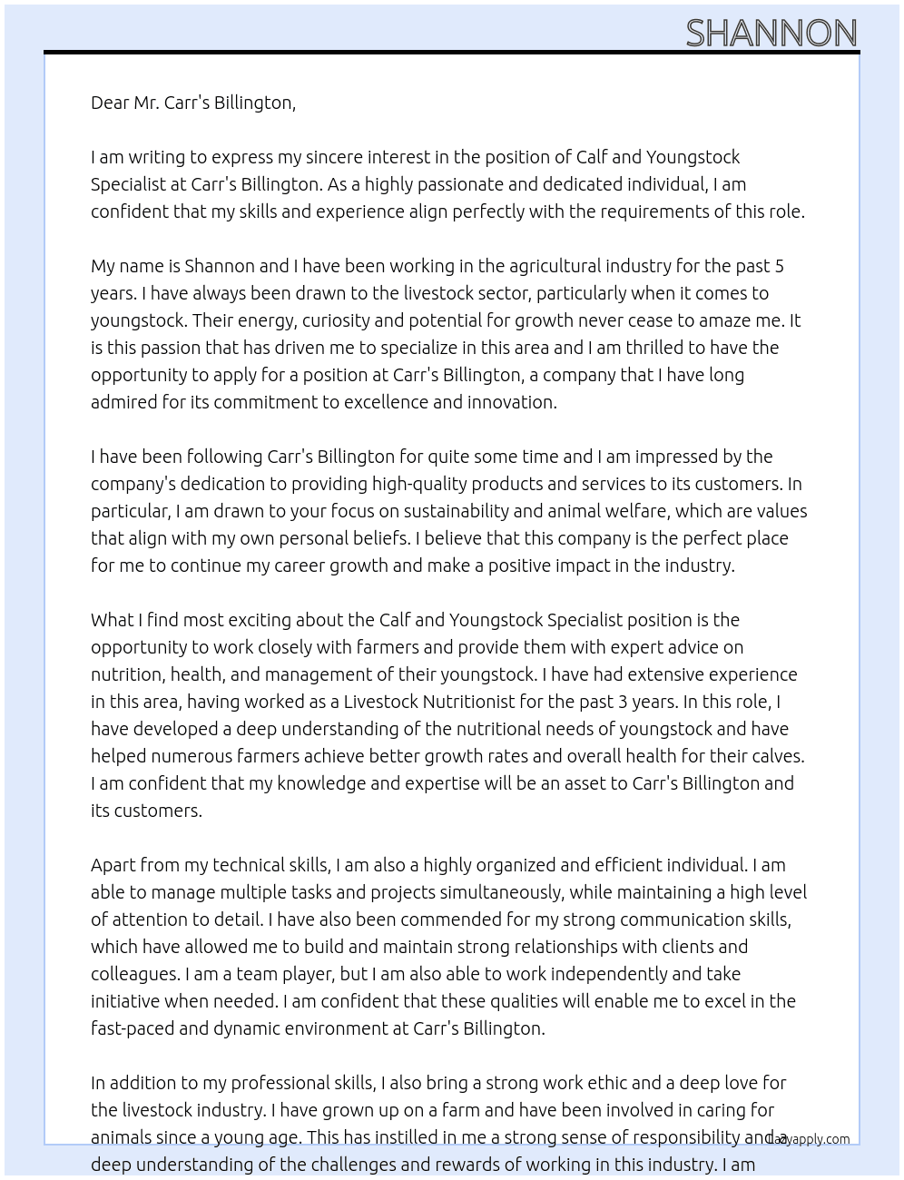 calf and youngstock specialist At carr's billington Cover Letter