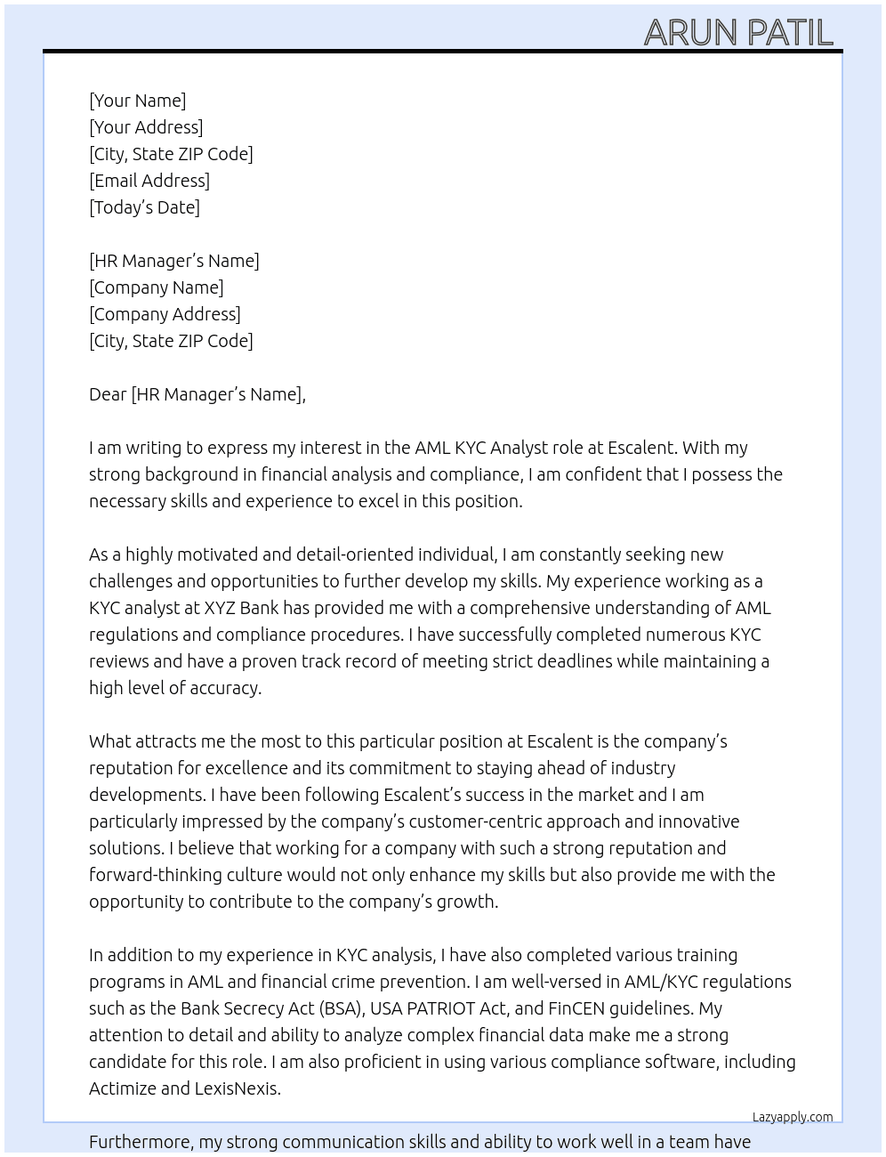 AML kyc analyst  At escalent  Cover Letter