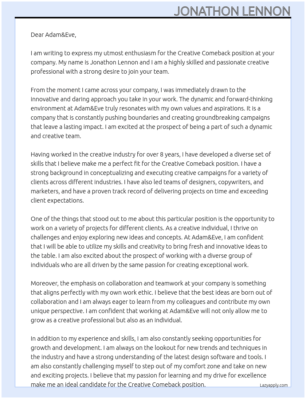 Creative comeback At Adam&Eve Cover Letter