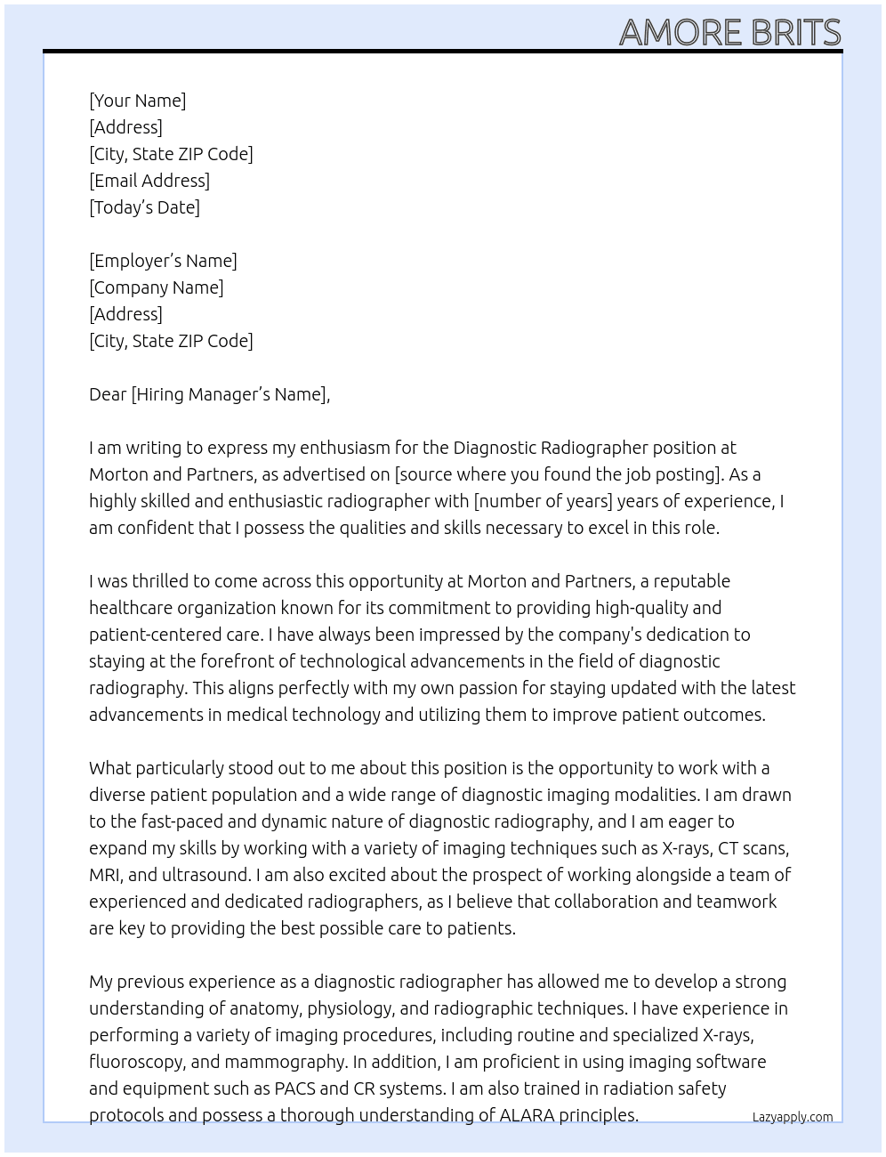 Diagnostic Radiographer At Morton and Partners Cover Letter