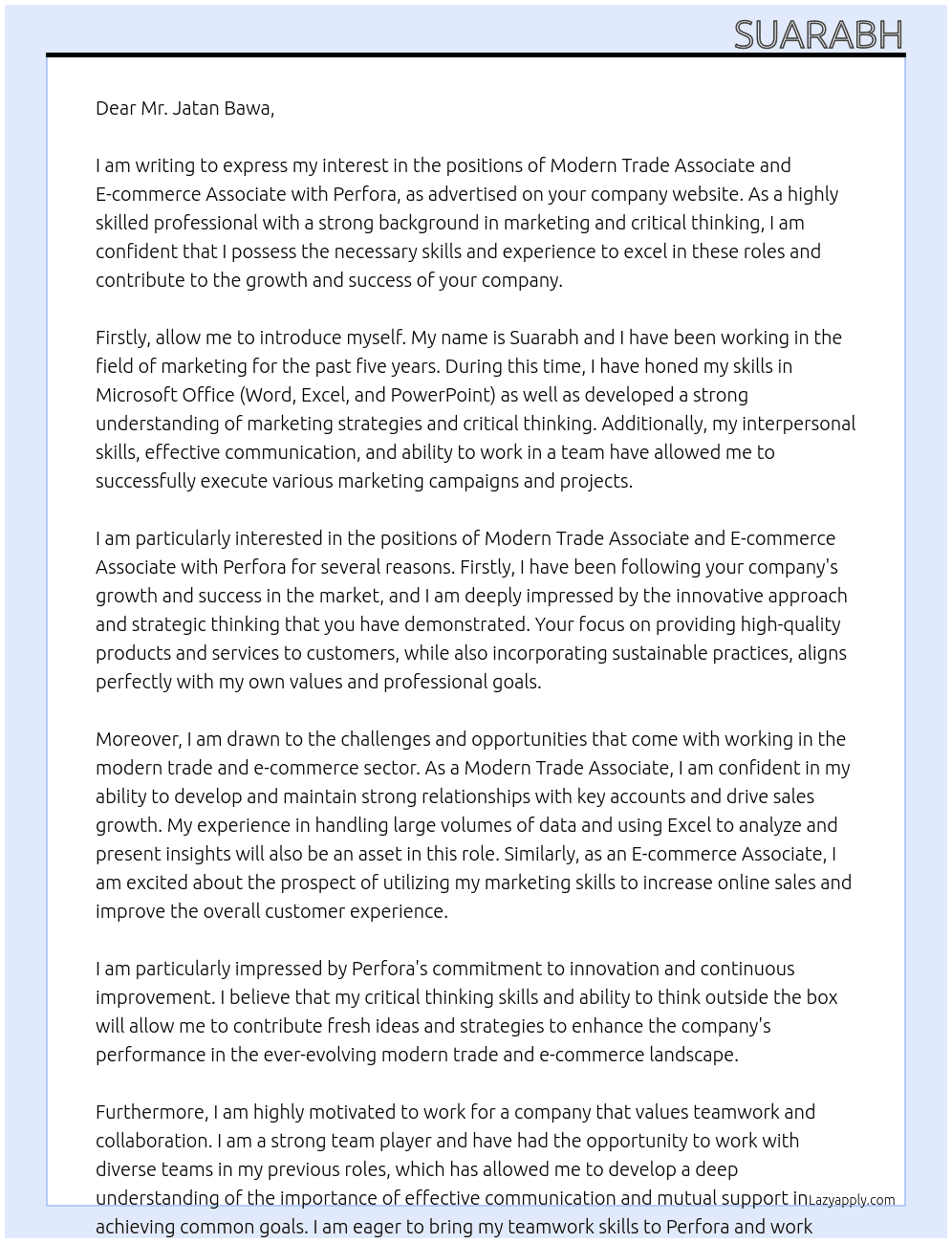 Modern Trade Associate and E-commerce Associate  At Perfora Cover Letter
