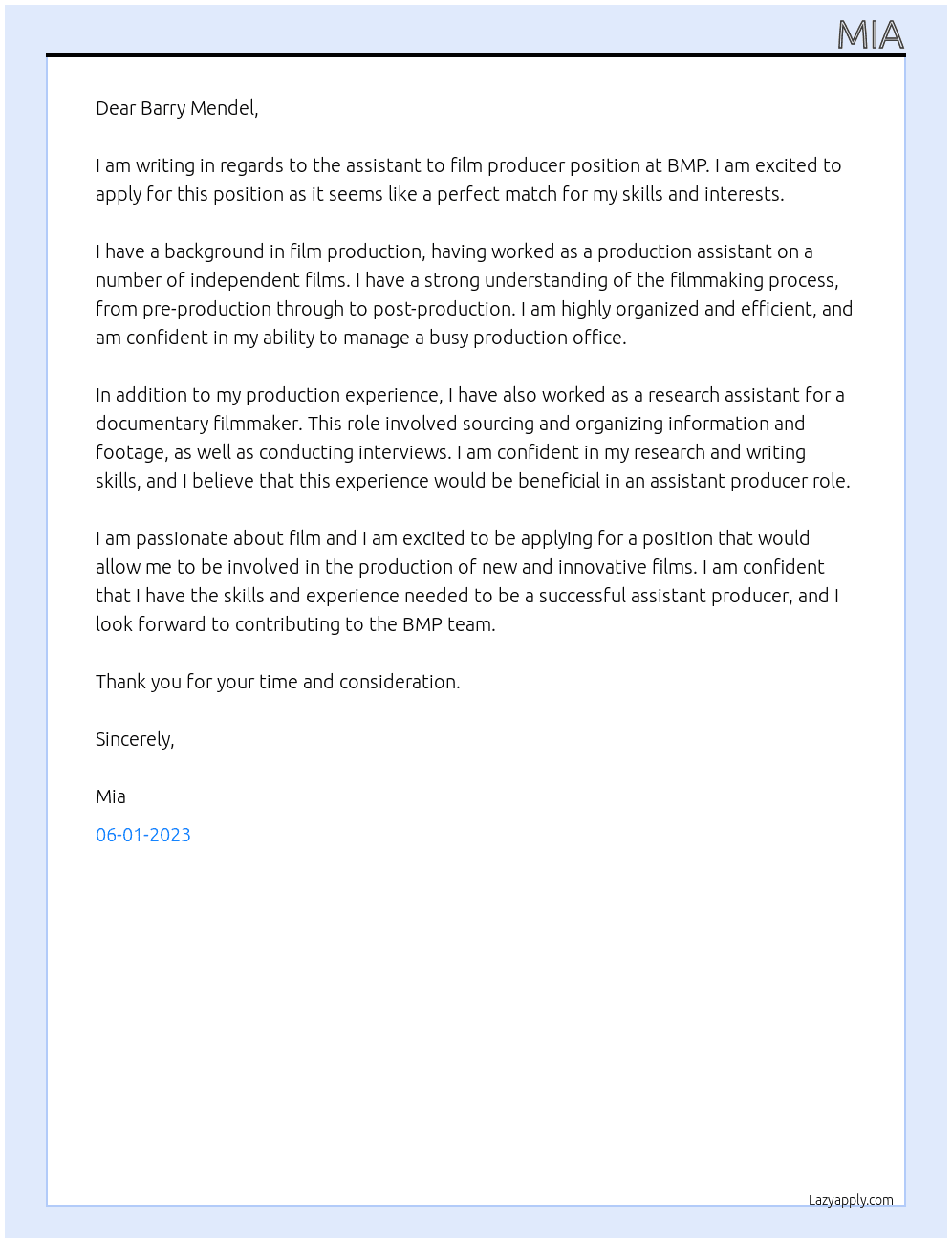 Assistant to Film Producer At BMP Cover Letter