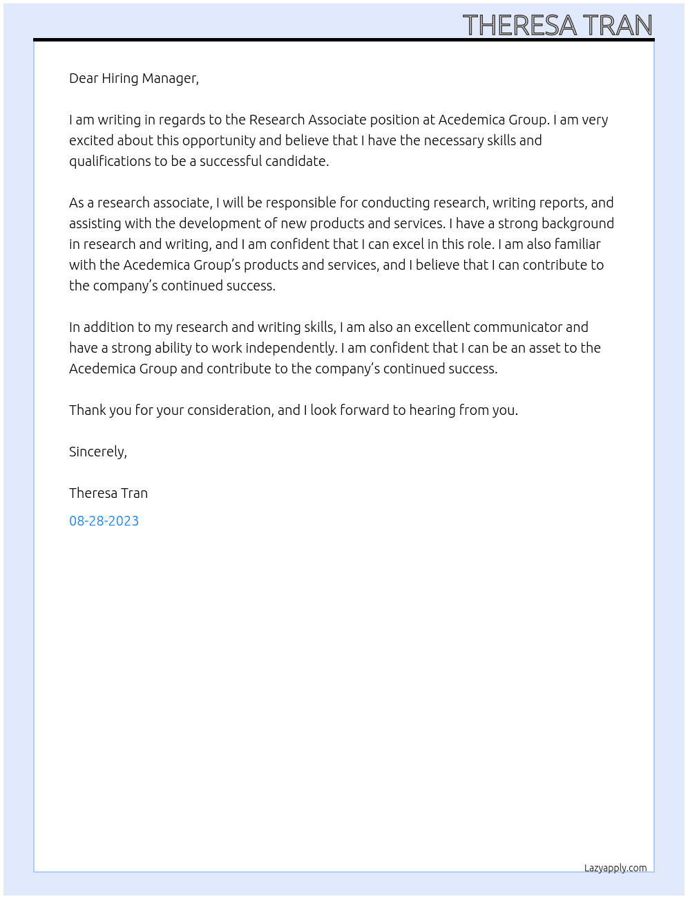 Research Associate At Acedemica Group Cover Letter