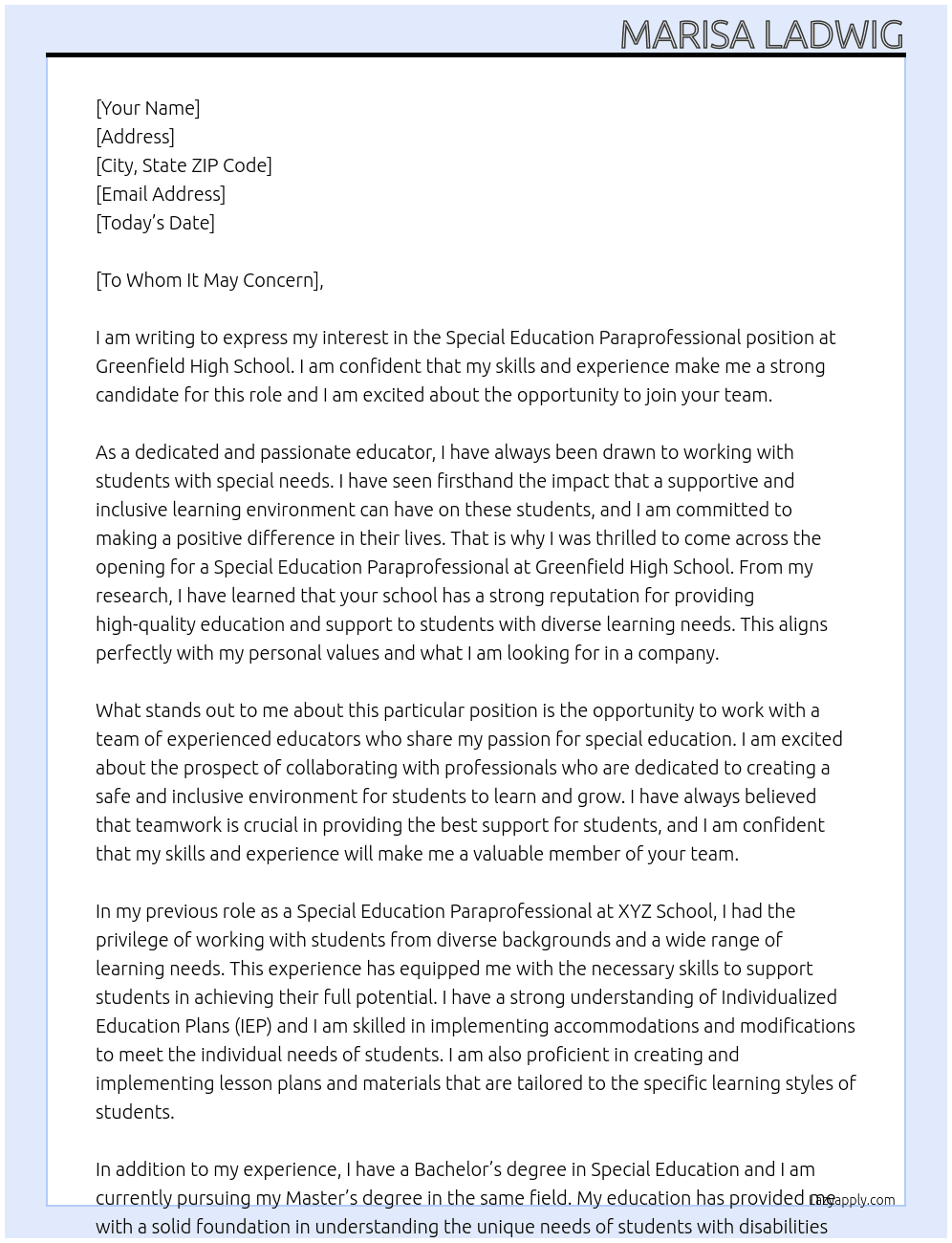 Special Education Paraprofessional At Greenfield High School  Cover Letter
