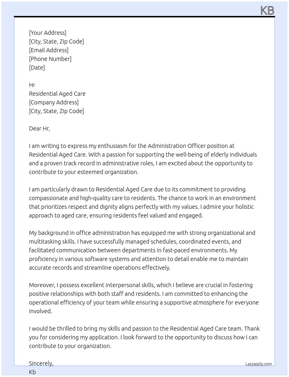 Administration officer  At Residential aged care Cover Letter