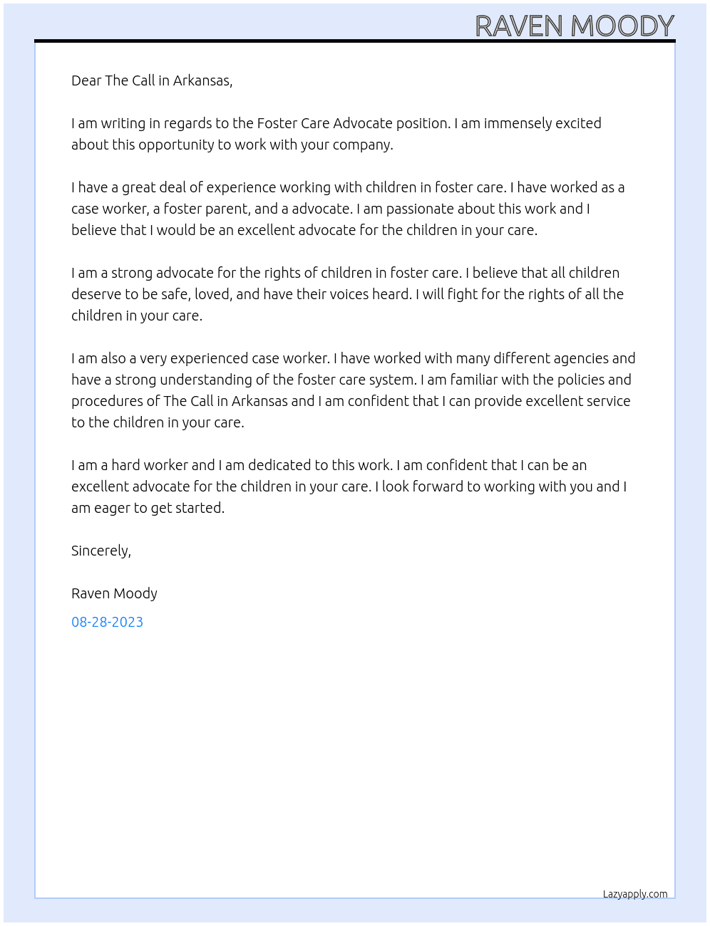 Foster Care Advocate At The Call in Arkansas Cover Letter