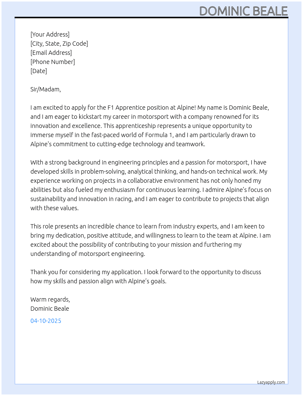 F1 apprentice  At Alpine Cover Letter