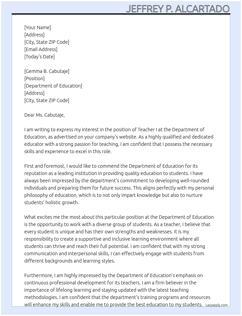 Teacher I At Department of Education Cover Letter