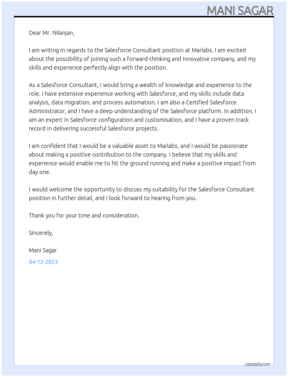 Salesforce Consultant At Marlabs Cover Letter