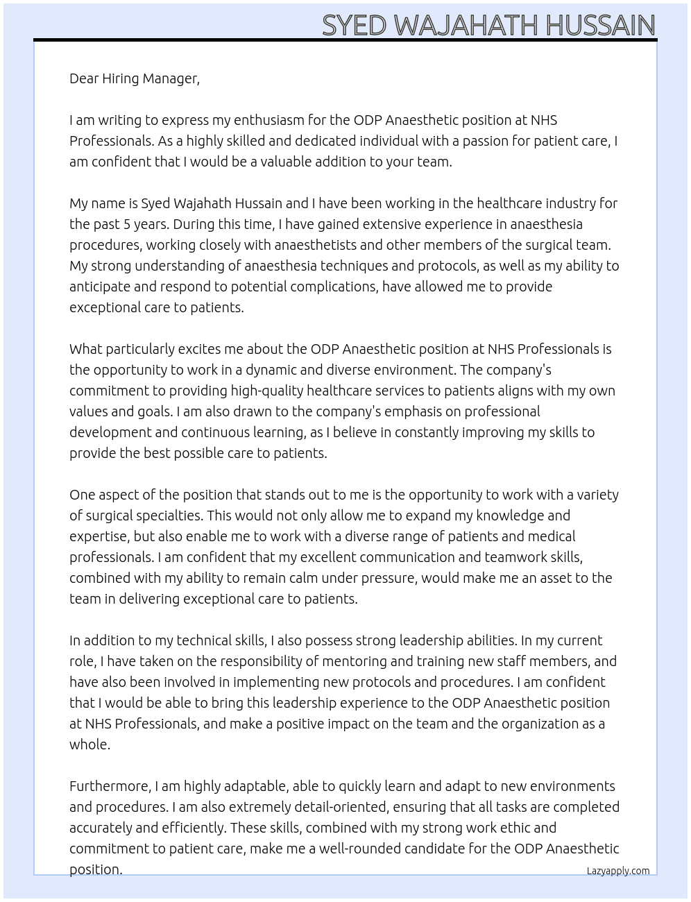 ODP ANAESTHEIC At NHS PROFESSIONALS Cover Letter