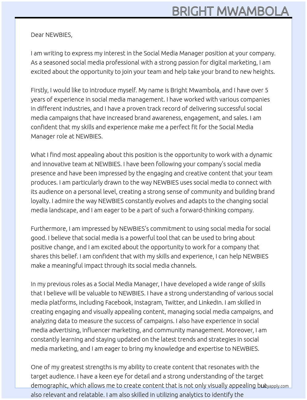 Social Media Manager At NEWBIES Cover Letter