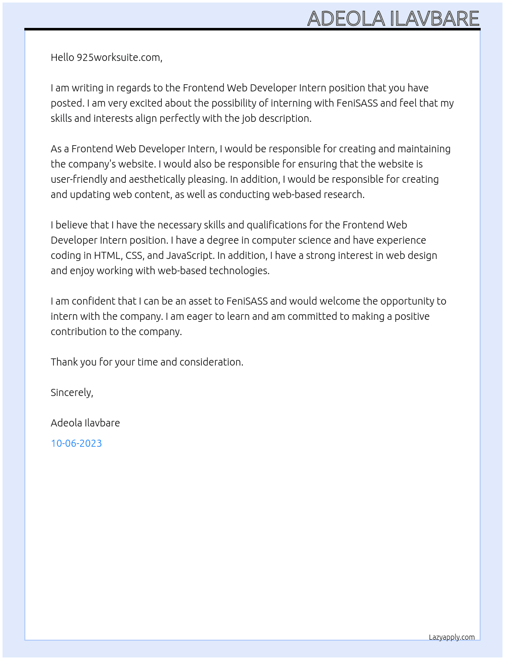 Frontend Web Developer(Intern) At FeniSASS Cover Letter