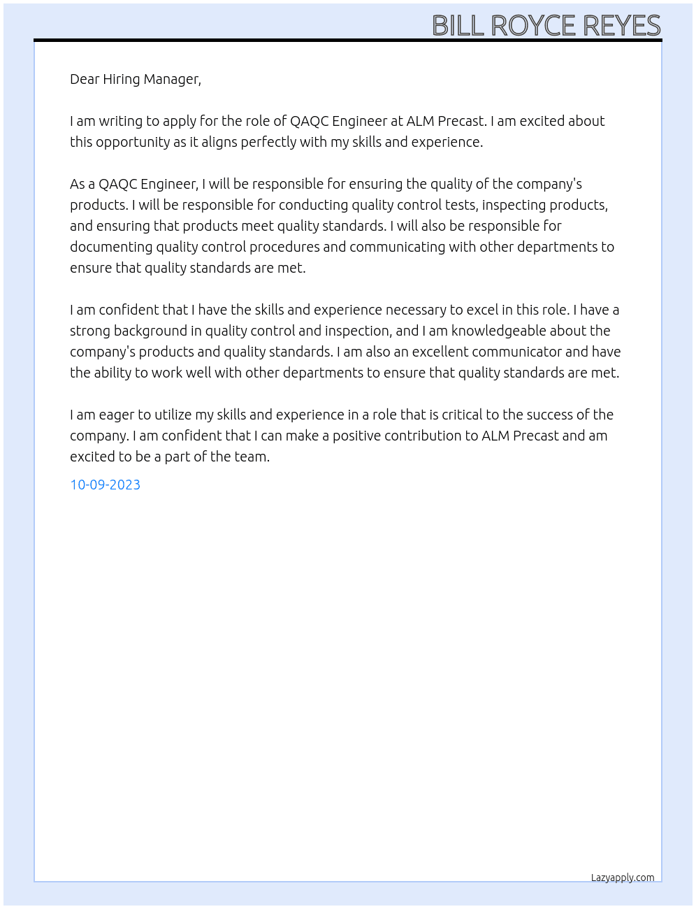 QaQc Engineer At ALM Precast Cover Letter