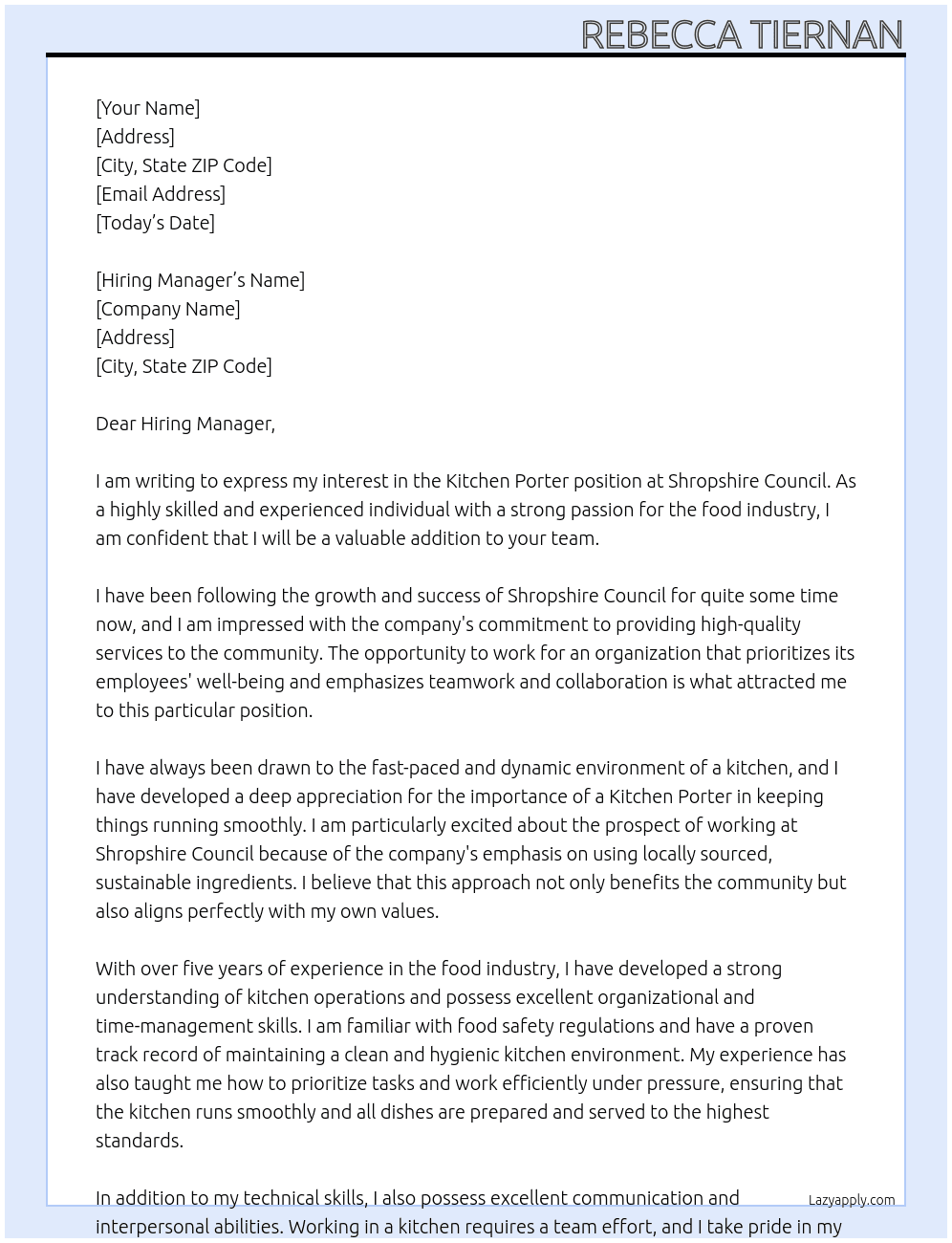 Kitchen Porter At Shropshire Council Cover Letter