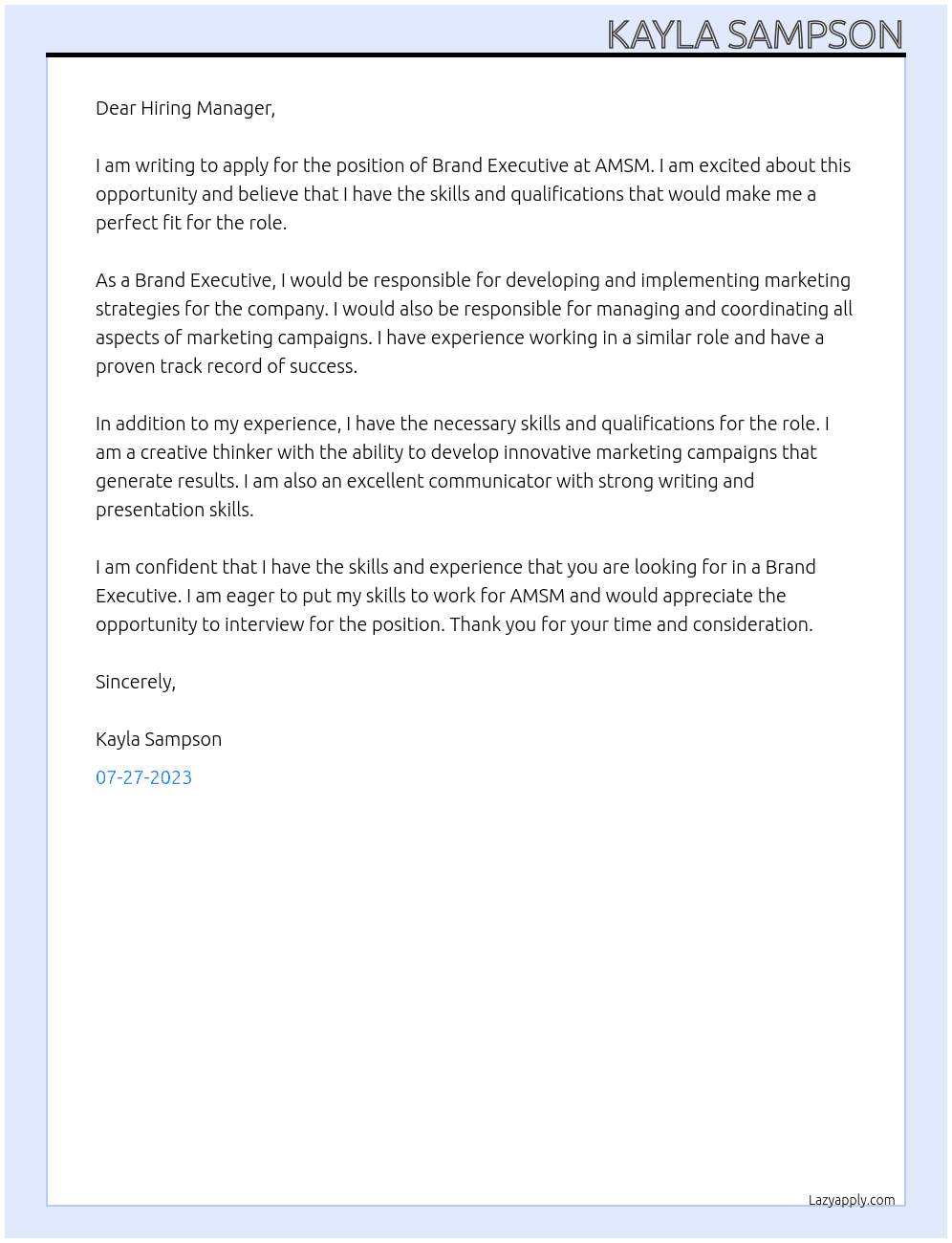Brand Executive At AMSM Cover Letter
