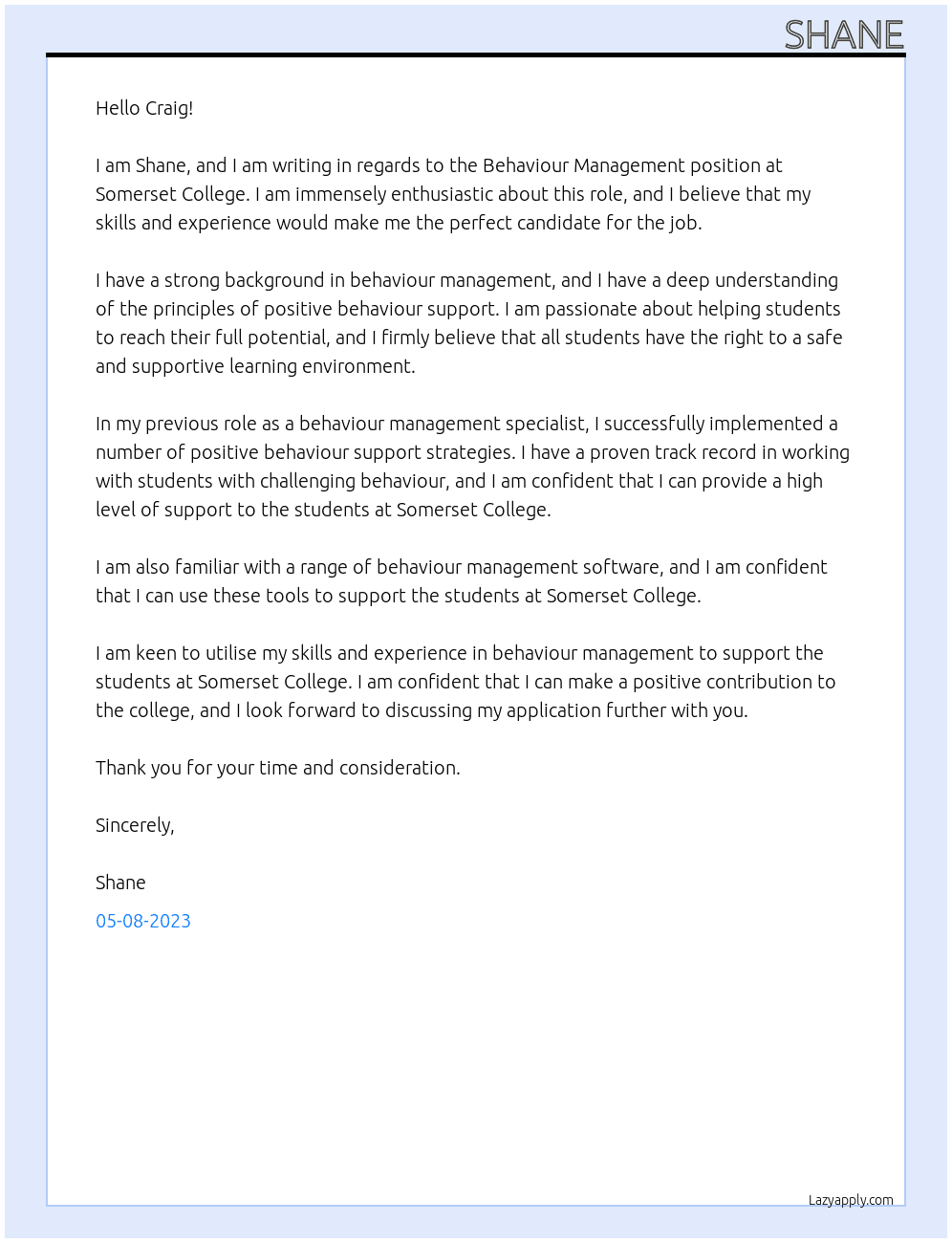 Behaviour Management At Somerset College Cover Letter