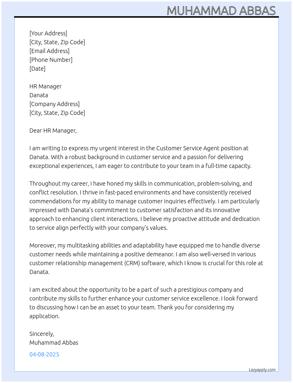Customer service agent At Danata  Cover Letter