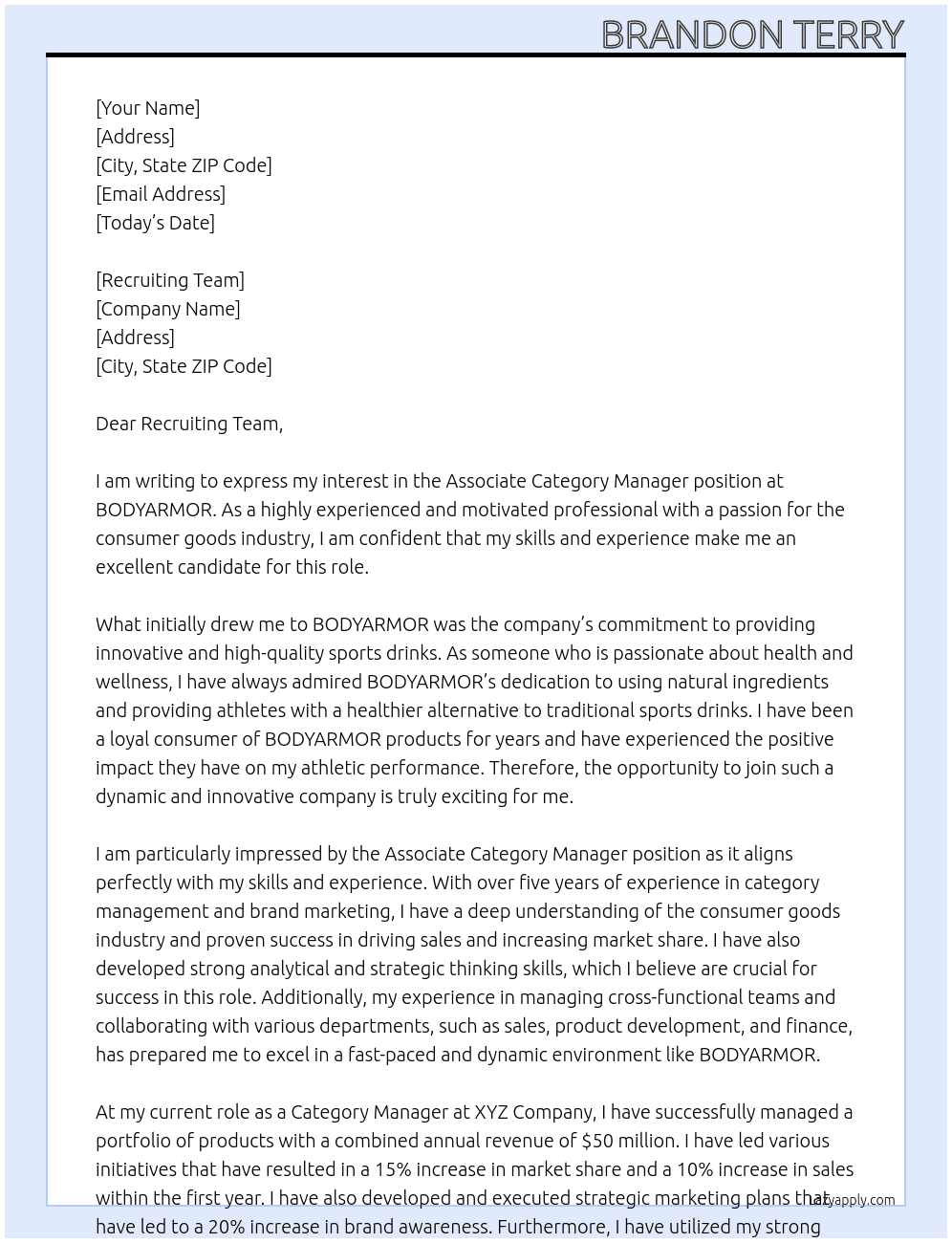 Associate Category Manager At BODYARMOR Cover Letter
