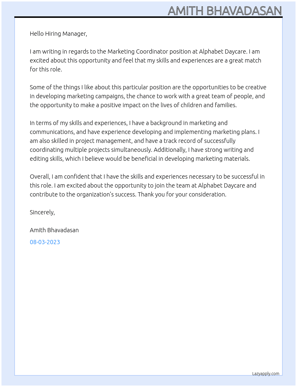Marketing Coodinator At Alphabet Daycare Cover Letter