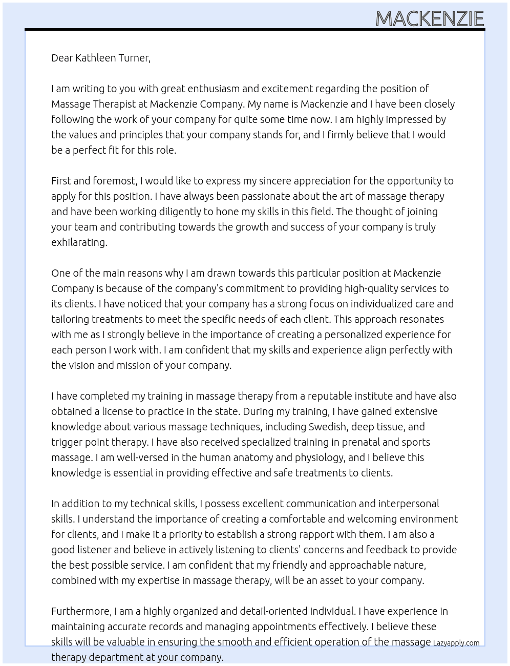 Massage Therapist At Mackenzie Cover Letter
