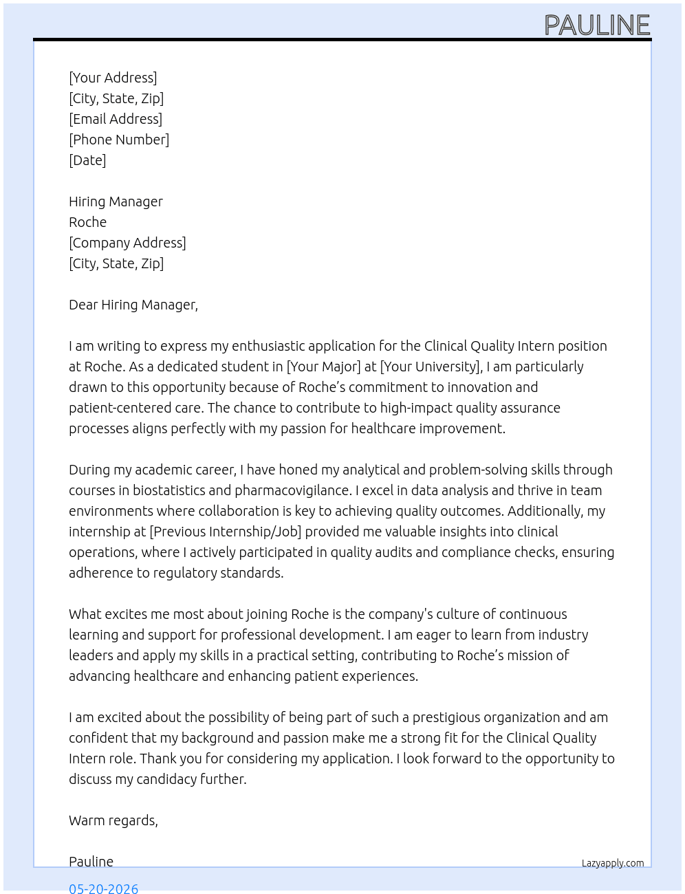 Cover letter for clinical quality intern - LazyApply