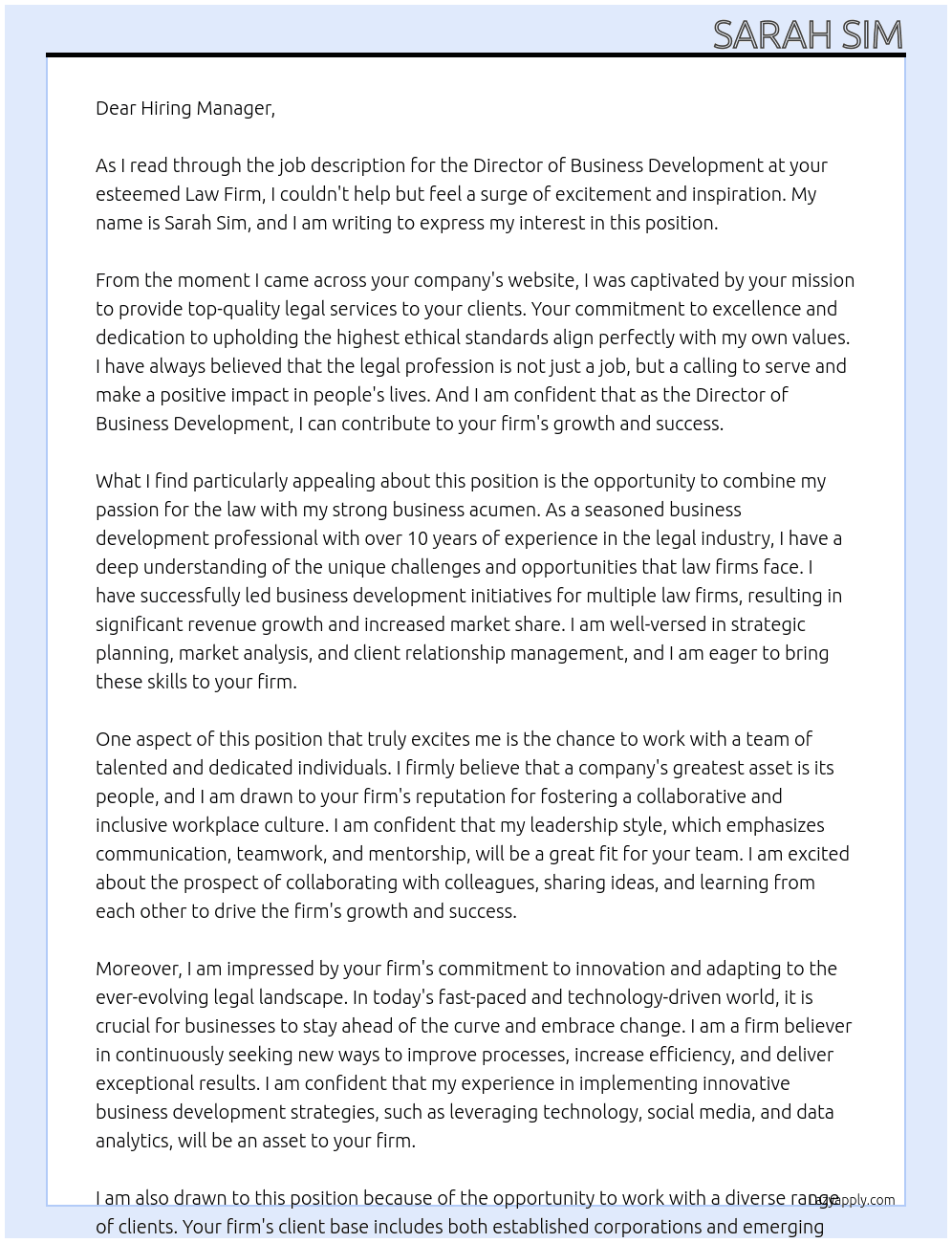 Director of business development At Law Firm Cover Letter