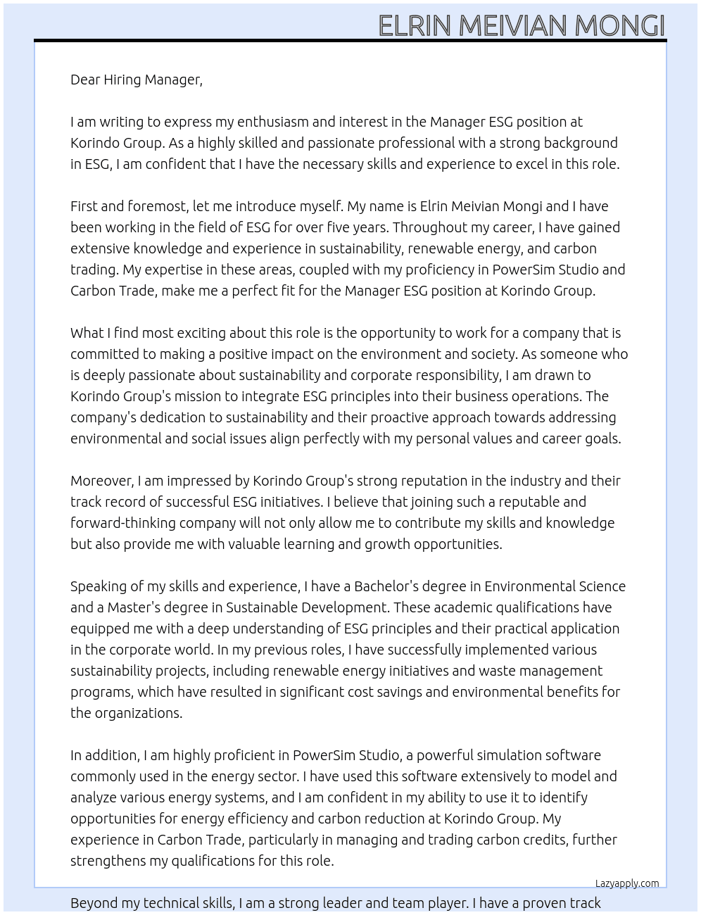 Manager ESG At Korindo Group Cover Letter