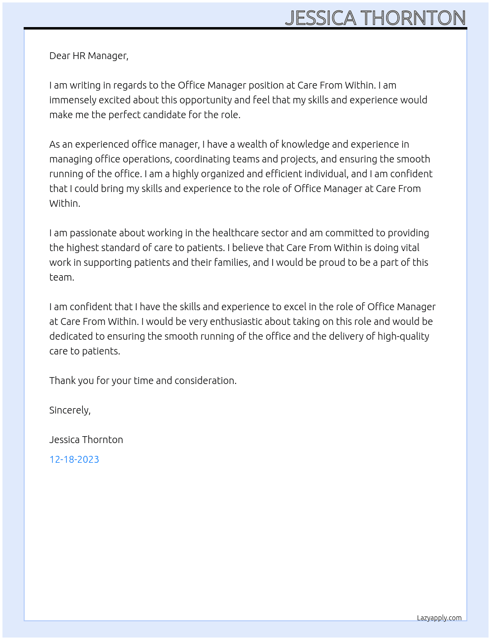 Office Manager At Care From Within Cover Letter